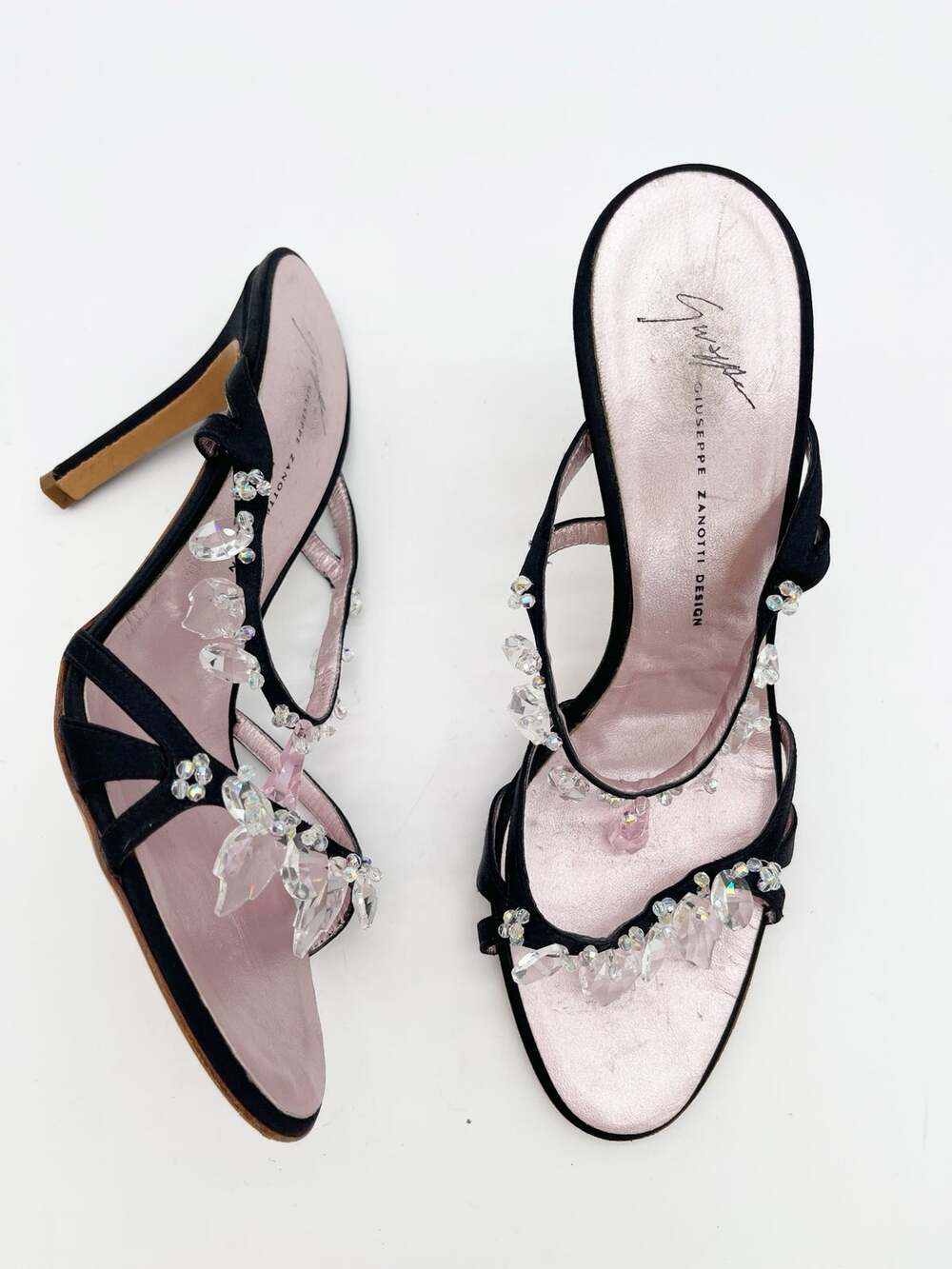 Giuseppe Zanotti Black Silk Satin Crystal Embellished Mule Heels Sandals IT 38